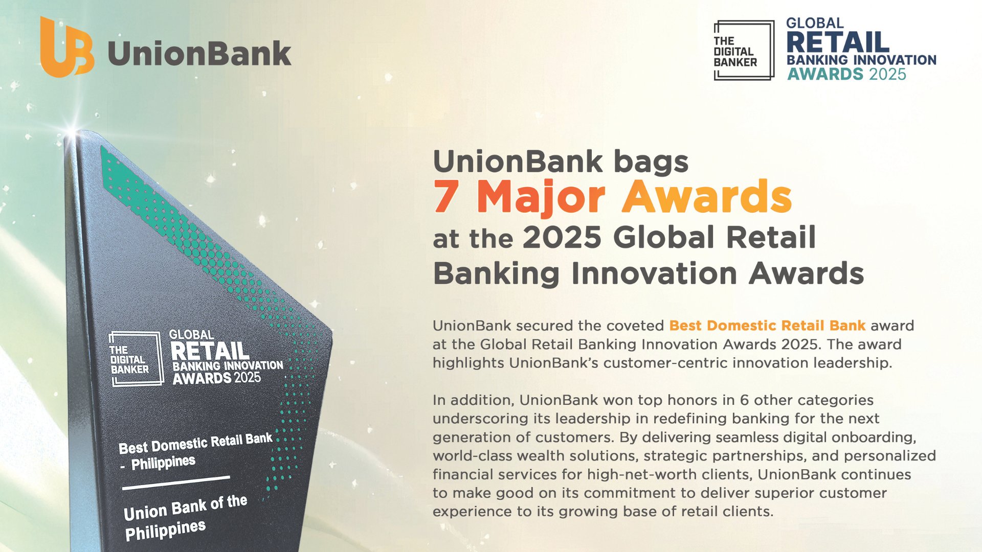 UnionBank bags 7 Major Awards at the 2025 Global Retail Banking Innovation Awards