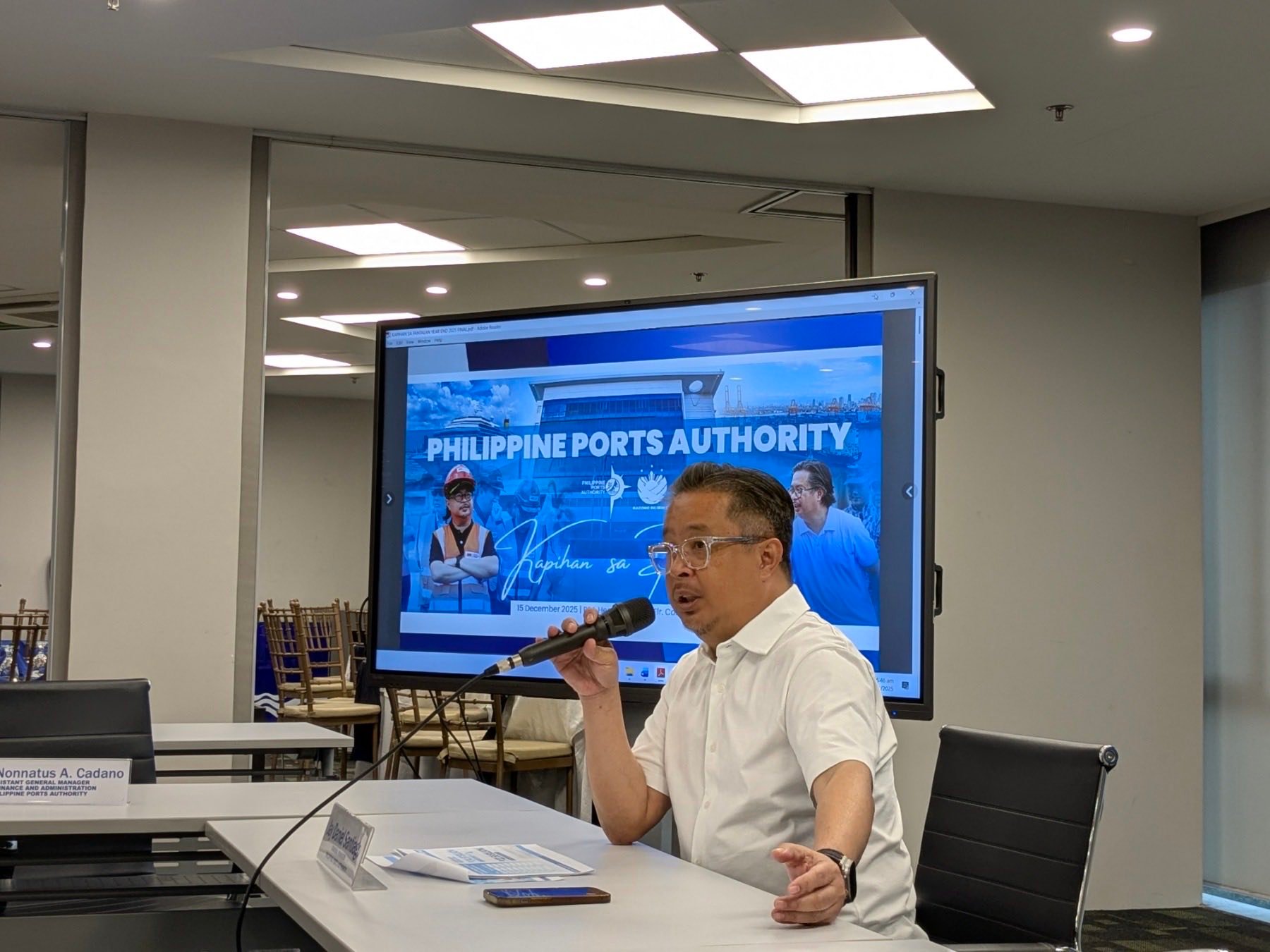 Atty. Jay Santiago, general manager of the Philippine Ports Authority (PPA), speaks during the Kapihan sa Pantalan on Monday, as the agency readies for an estimated 4.6 million passengers expected to pass through PPA-governed ports from 15 December to 5 January, with personnel on full alert and security measures heightened for the Christmas and New Year travel rush.