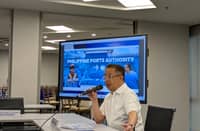 Atty. Jay Santiago, general manager of the Philippine Ports Authority (PPA), speaks during the Kapihan sa Pantalan on Monday, as the agency readies for an estimated 4.6 million passengers expected to pass through PPA-governed ports from 15 December to 5 January, with personnel on full alert and security measures heightened for the Christmas and New Year travel rush.