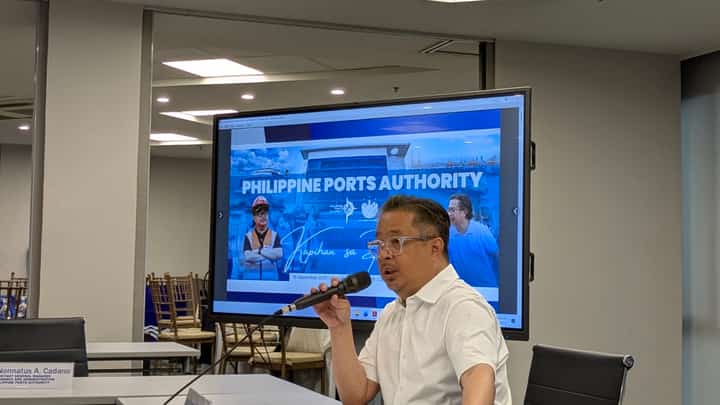 Atty. Jay Santiago, general manager of the Philippine Ports Authority (PPA), speaks during the Kapihan sa Pantalan on Monday, as the agency readies for an estimated 4.6 million passengers expected to pass through PPA-governed ports from 15 December to 5 January, with personnel on full alert and security measures heightened for the Christmas and New Year travel rush.