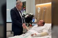 ALBANESE (left) meets Ahmed al Ahmed, the man who disarmed one of the attackers during the Bondi Beach attack, in hospital in Sydney. Australia’s prime minister visited Bondi Beach shooting hero Ahmed al Ahmed in hospital, lauding his efforts to help stop the nation’s deadliest gun attack in decades.