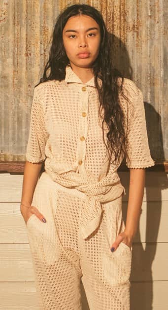 HINDYWEBER.every.day signature guayabera net shirt and matching pants in organic cotton net weave. Great for layering, worn together or mix-matched with other pieces for lounge, travel, resort or everyday wear.