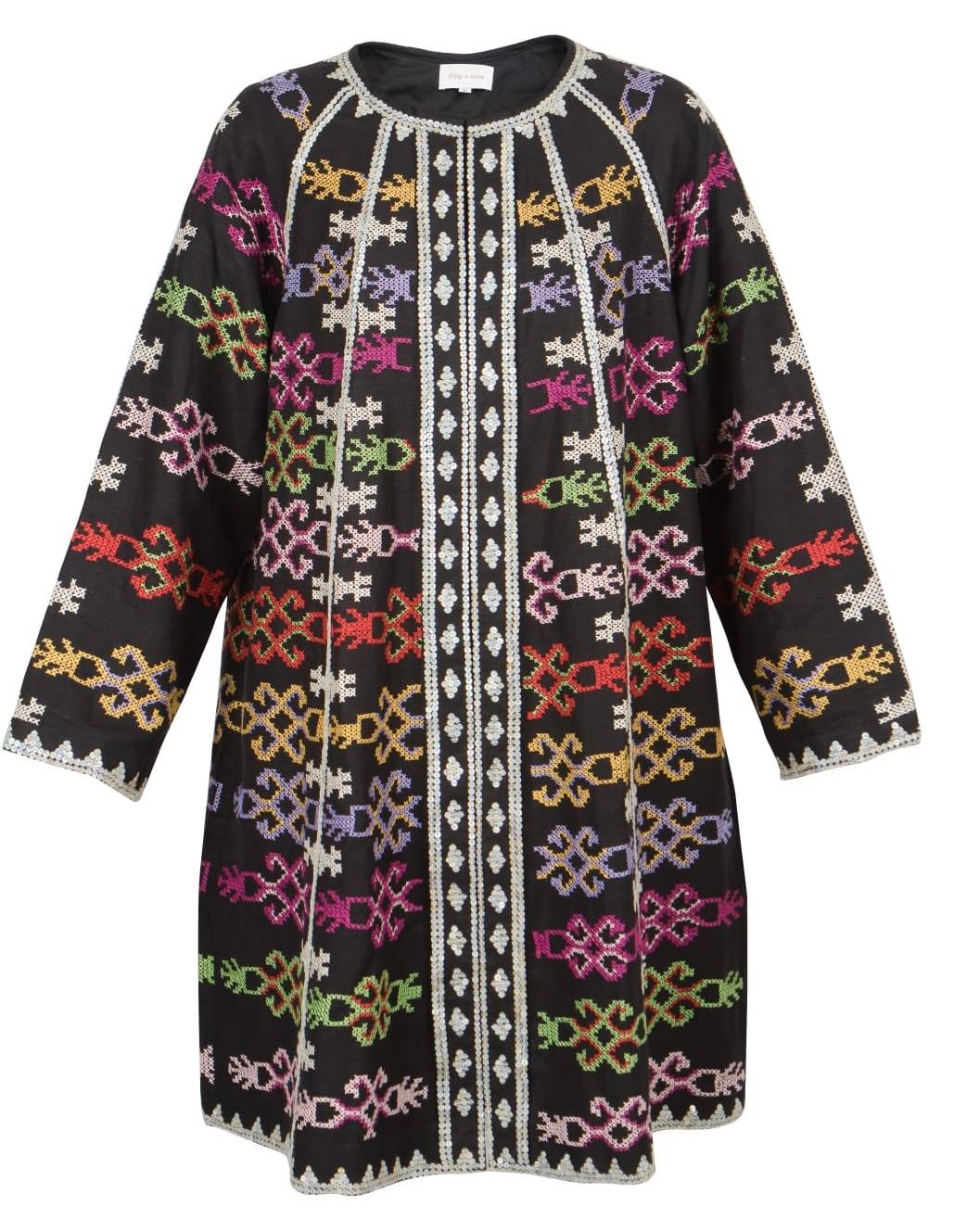 SEBU COAT. This piece features two craft techniques by the T’boli artisans of Lake Sebu, South Cotabato - embroidery and beadwork. The artisans work from the comforts of their home, taking time to create this piece which takes around 128 hours. The shell beadwork complements the colorful embroidery colors to create a piece that is timeless.