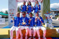 FILIPINO triathletes Kira Ellis, Kim Mangrobang, Raven Alcoseba, Aki Lorbes, Matthew Hermosa and Fer Casares celebrate after scooping three gold medals in the women’s relay, men’s relay and mixed relay events of the 33rd Southeast Asian Games.