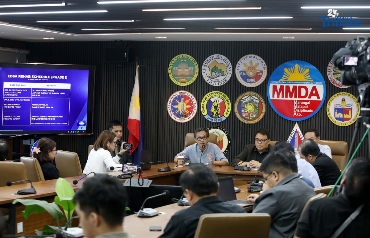 Department of Public Works and Highways (DPWH) Secretary Vince Dizon announces the revised EDSA rehabilitation plan during a press conference with Metropolitan Manila Development Authority (MMDA) officials and Department of Transportation (DOTr) Secretary Giovanni Lopez. The rehabilitation will begin on December 24, with 24-hour reblocking works and asphalt overlay of the EDSA busway lanes carried out during the holiday break, from 11 p.m. on December 24 until 4 a.m. on January 5, 2026. Dizon also said the project timeline has been shortened to eight months from the original two years.