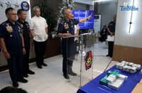 Interior and Local Government Secretary Jonvic Remulla, Philippine National Police (PNP) Acting Chief PLTGEN Jose Melencio Nartatez Jr., PNP–Highway Patrol Group (HPG) chief Brig. Gen. Hansel Marantan , and the Bureau of Customs report the seizure of suspected undocumented and smuggled cigarettes worth an estimated ₱143 million during a press briefing at Camp Crame in Quezon City on Friday, 19 December 2025. The smuggled cigarettes, loaded in two trailer trucks, were intercepted on 17 December along G. Araneta Avenue in Quezon City by the PNP-HPG during anti-carnapping and traffic law enforcement operations.