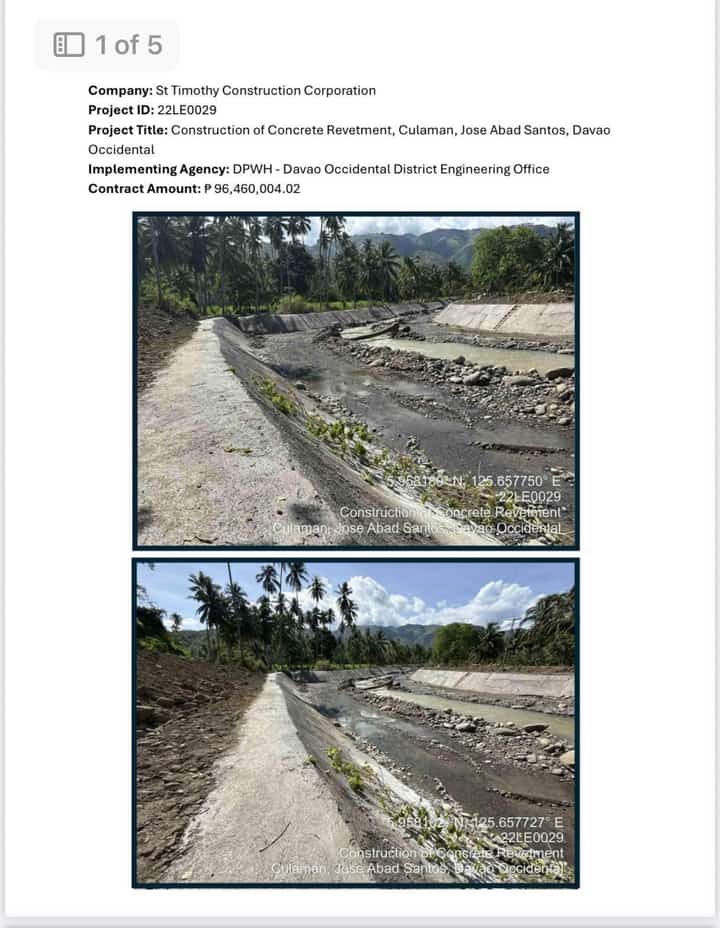 DOCUMENTS and photos show the flood control project in Culaman, Jose Abad Santos is nearly finished, despite previous graft allegations against DPWH officials and the contractor.