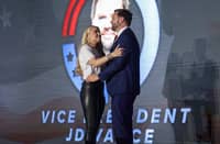 US Vice President JD Vance (R) greets Erika Kirk, Charlie Kirk's widow, during a Turning Point USA event at the University of Mississippi, in Oxford, Mississippi, October 29, 2025.