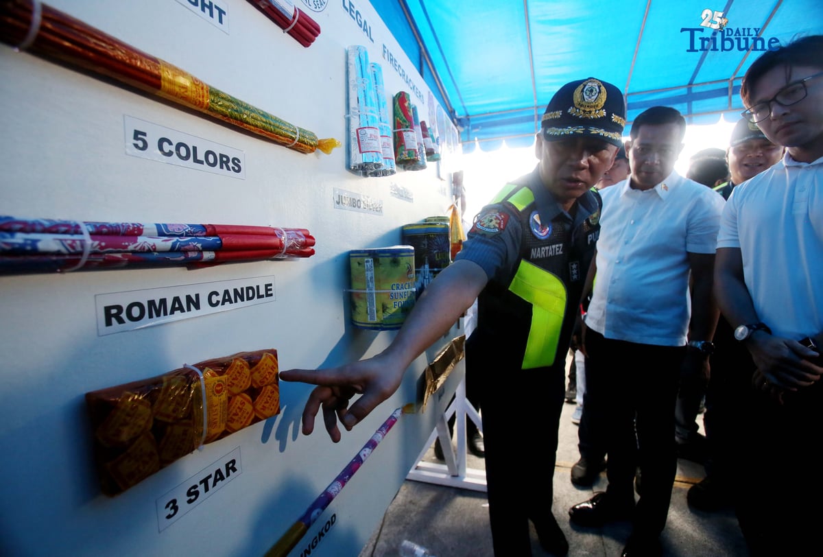 (December 22 2025) Acting PNP Chief PLt. Gen. Jose Melencio Nartatez Jr. with Bulacan Governor Daniel R. Fernando show the legal kinds of firecrackers during the ocular join inspection at fireworks shops at Bocaue, Bulacan a fireworks capital of the Philippines on Monday, December 22, 2025. Photo/Analy Labor