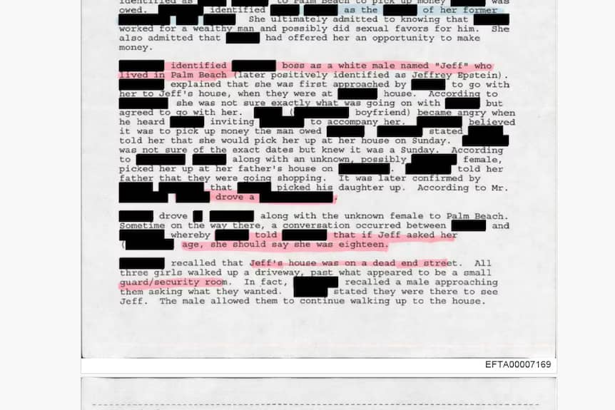 Makikita sa isang bahagi ng police report mula sa taong 2006 na sabi ng isang dalaga na kapag daw tinanong siya ni Epstein kung ilang taon na siya, dapat niyang isagot na siya ay 18-taong-gulang. Kabilang sa mga kaso ni Epstein ang sex trafficking ng mga menor de edad.