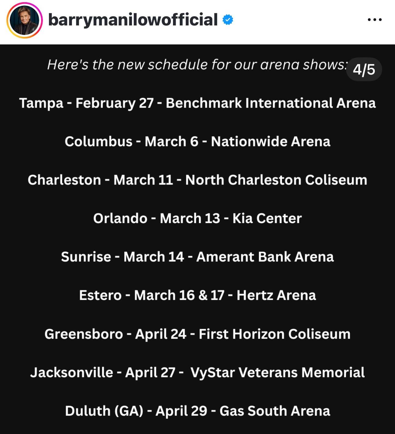 Barry Manilow’s official statement posted on his Instagram.