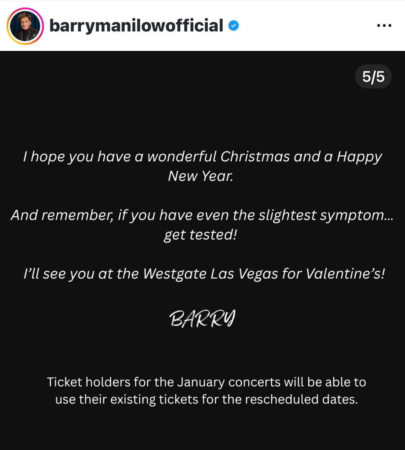 Barry Manilow’s official statement posted on his Instagram.