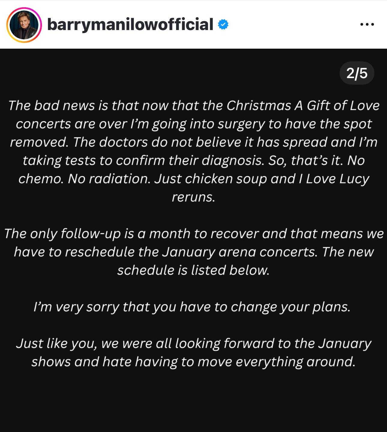 Barry Manilow’s official statement posted on his Instagram.