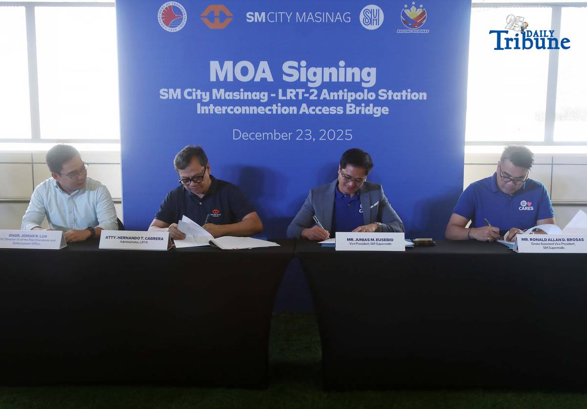 (December 23 2025) Light Rail Transit Authority Administrator LRTA Administrator Atty. Hernando Cabrera with SM Supermalls Vice President Junias Eusebio leads the ceremonial signing of a memorandum of agreement (MOA) for the SM City Masinag–LRT-2 Antipolo, the signing of the Memorandum of Agreement (MOA) for the SM City Masinag–LRT-2 Antipolo Station Interconnection Access Bridge, formalizing the partnership between the Light Rail Transit Authority and SM City Masinag to deliver a safe, direct, and weather-protected pedestrian link for commuters and shoppers in the East Metro area. Photo/Analy Labor