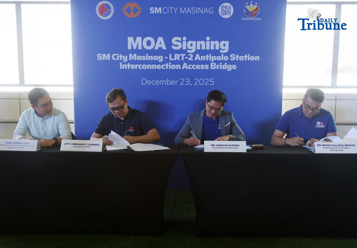 (December 23 2025) Light Rail Transit Authority Administrator LRTA Administrator Atty. Hernando Cabrera with SM Supermalls Vice President Junias Eusebio leads the ceremonial signing of a memorandum of agreement (MOA) for the SM City Masinag–LRT-2 Antipolo, the signing of the Memorandum of Agreement (MOA) for the SM City Masinag–LRT-2 Antipolo Station Interconnection Access Bridge, formalizing the partnership between the Light Rail Transit Authority and SM City Masinag to deliver a safe, direct, and weather-protected pedestrian link for commuters and shoppers in the East Metro area. Photo/Analy Labor