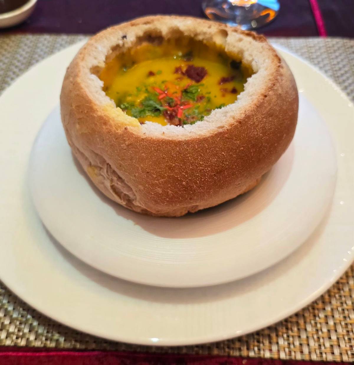 BOWL of spinach and pumpkin chowder.