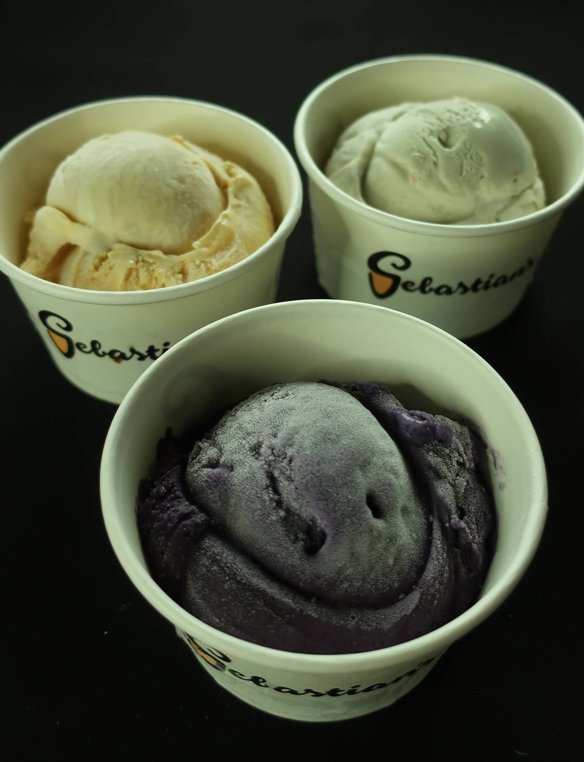 CHRISTMAS ice cream flavors, clockwise from top left-Leche Flan Royale, Bibingka, and Puto Bumbong.