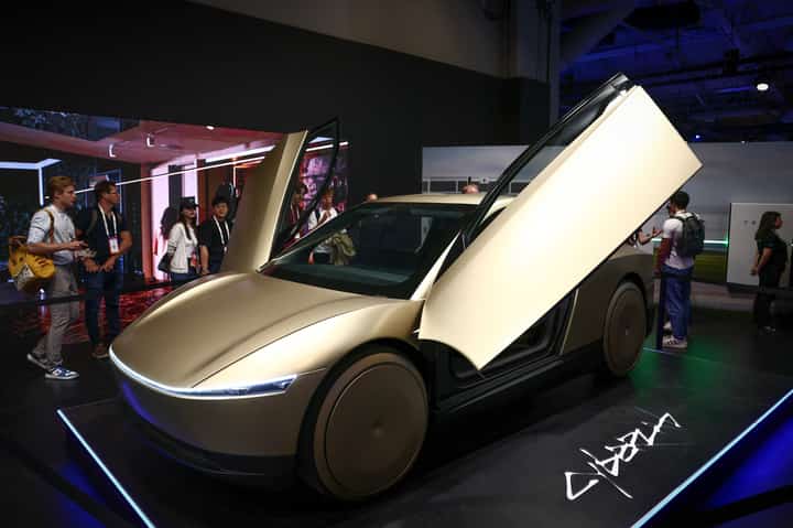 A TESLA vehicle at the 9th edition of the VivaTech technology startups and innovation fair at the Paris Expo Porte de Versailles, in Paris on 11 June 2025.