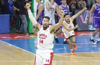 STEPHEN Holt celebrates after delivering the dagger that lifted Barangay Ginebra to a dramatic 99-98 win over Converge in the quarterfinals of the PBA Season 50 Philippine Cup late Sunday.