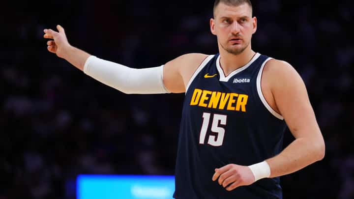 Nikola Jokic #15 of the Denver Nuggets calls a play against the Miami Heat during the second quarter at Kaseya Center on December 29, 2025 in Miami, Florida.