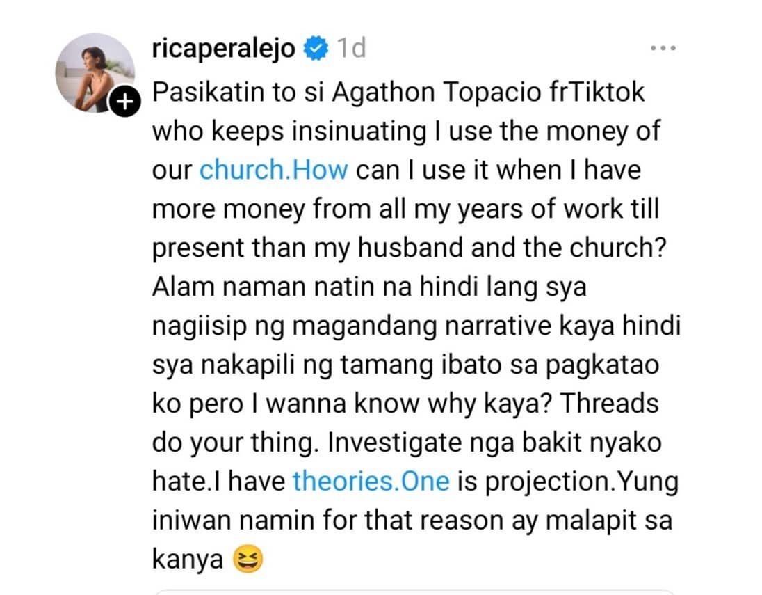 Rica Peralejo claps back on negative comments.