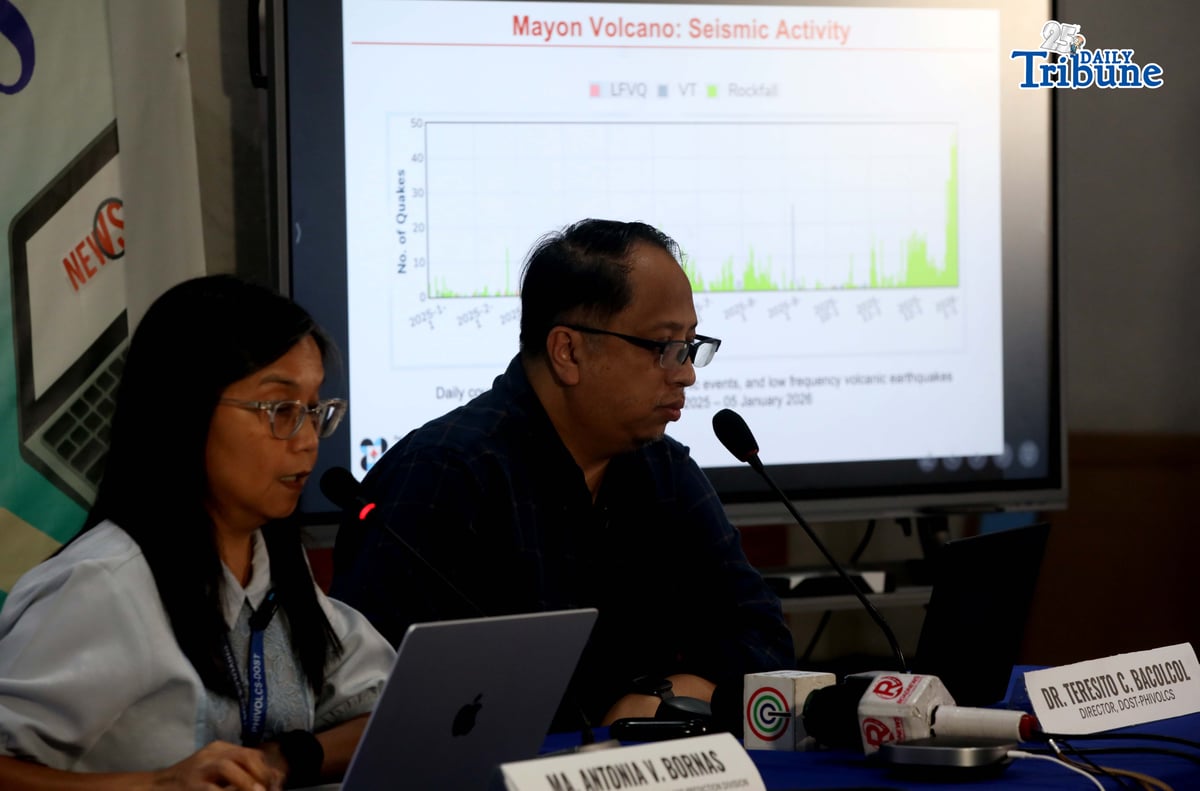 (January 06 2026) PHIVOLCS Director Dr. Teresito C. Bacolcol and Ma. Antonia V. Bornas. Chief, Volcano Monitoring and Eruption Prediction Division (VMEPD), hold a press conference to give an update regarding the Mayon Volcano, they said the Volcano is now alert level three and also there are highly possible of an explosive eruptions held at phivolcs office in Quezon City on Tuesday January 6 2026. Photo/Analy Labor