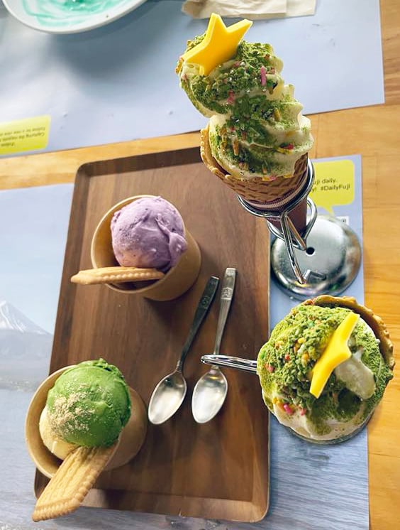 PURPLE sweet potato and hojicha ice cream.