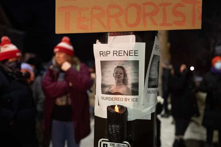 A notice reading "RIP Renee, murdered by ICE" is seen next to a memorial for Renee Nicole Good on January 07, 2026 in Minneapolis, Minnesota. According to federal officials, an ICE agent shot and killed Good during a confrontation earlier today in south Minneapolis.