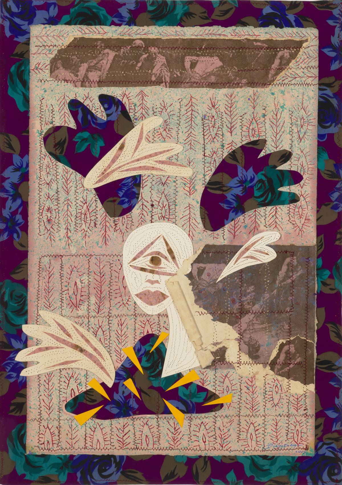 Juan's 'Spoliarium' and Alma's 'Lipad Suso Lipad' (Juan's ‘Spoliarium’ and Alma's ‘Flying Breasts’). 2004. Oil, acrylic and collage on textile, 64 × 45 cm.
