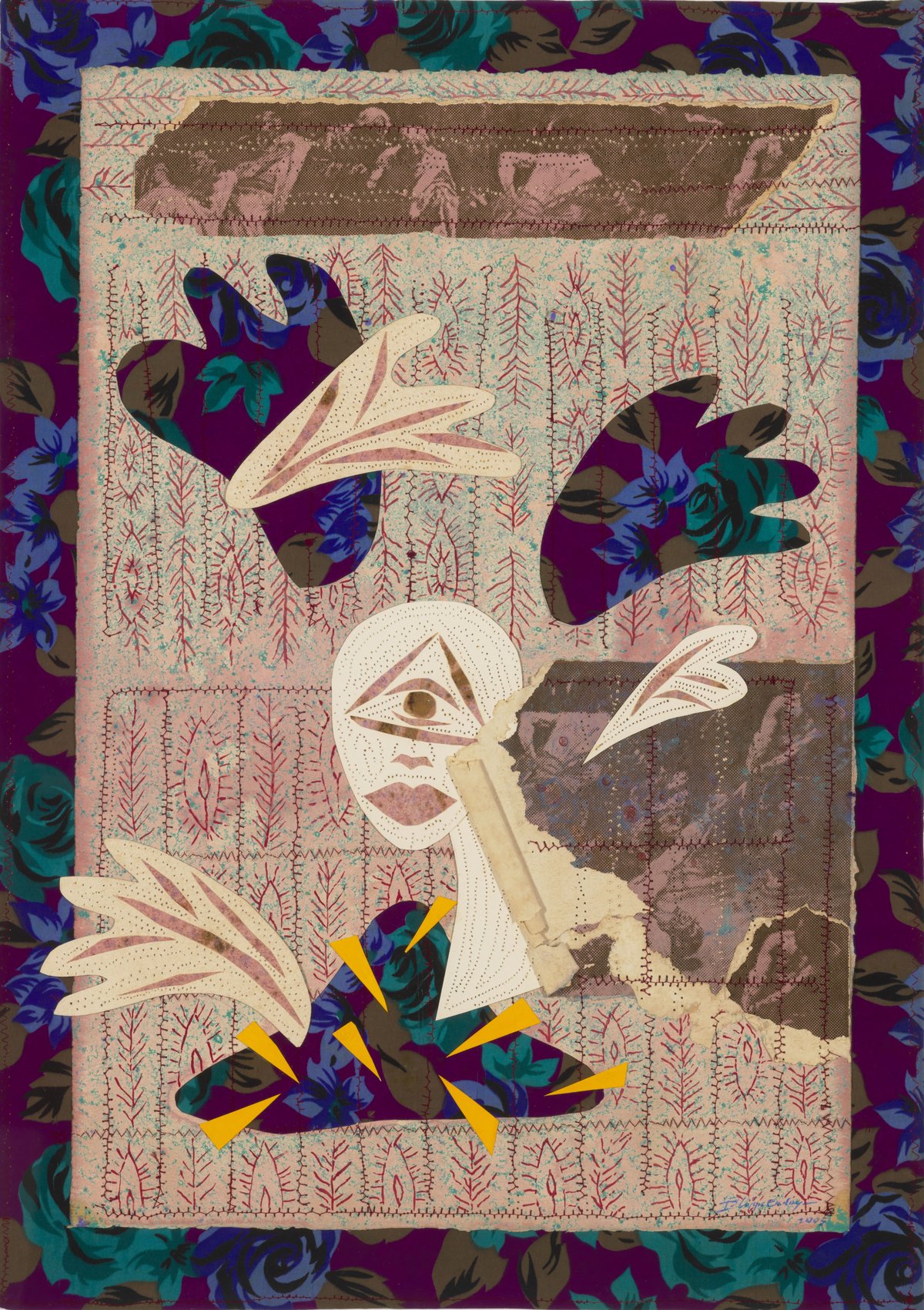 Juan's 'Spoliarium' and Alma's 'Lipad Suso Lipad' (Juan's ‘Spoliarium’ and Alma's ‘Flying Breasts’). 2004. Oil, acrylic and collage on textile, 64 × 45 cm.
