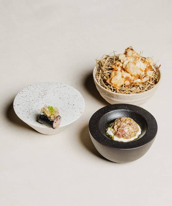 HAMACHI, nori, kelp wagyu, crème fraiche and tendon by chef Josh Boutwood’s Helm.