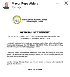 Negros Oriental mayor mourns slain policemen, civilian in Sibulan shooting