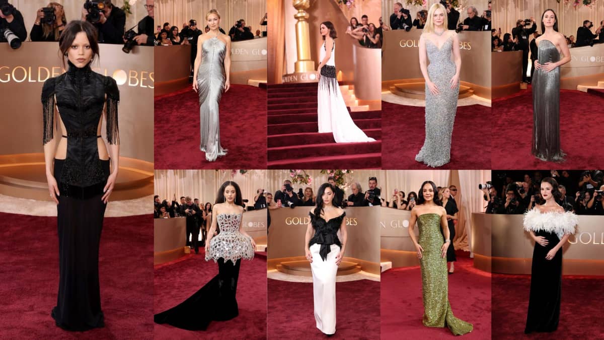(Left most) Jenna Ortega in Dilara Findikoglu and Simone Jewels. (Top, left to right) Kate Hudson in Armani Privé, Zoey Deutch in Prada, Elle Fanning in Gucci and Cartier, and Renate Reinsve in Louis Vuitton. (Bottom, left to right) Chase Infiniti in Louis Vuitton and De Beers, Charli XCX in Saint Laurent and De Beers, Tessa Thompson in Balenciaga and Bulgari, and Selena Gomez in Chanel. | AFP