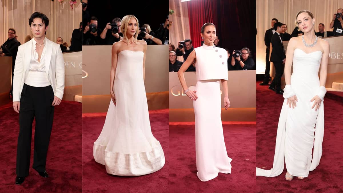 CLOUD DANCER (Top, left to right) Hudson Williams in Giorgio Armani, Brittany Snow in Danielle Frankle, Emily Blunt in Louis Vuitton and Jimmy Choo, and Amanda Seyfried in Versace. | AFP