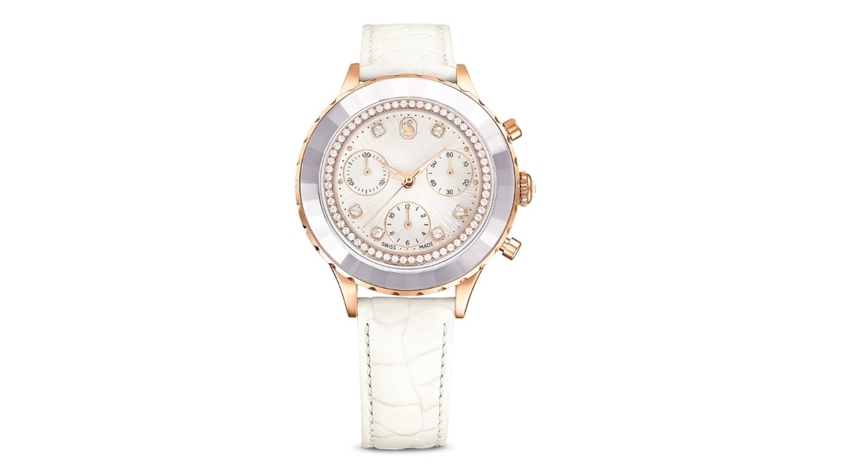 SWAROVSKI Octea Chrono watch, Swiss Made, Leather strap, White, Rose gold-tone finish.