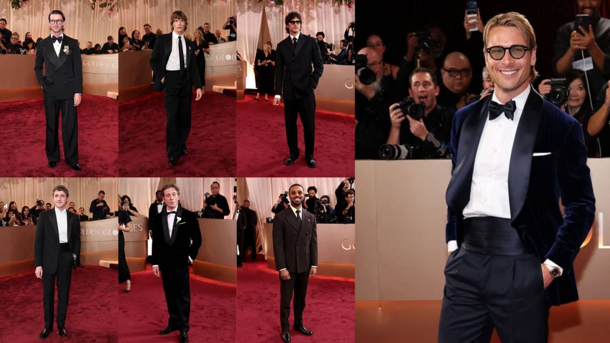 (Top, left to right) Connor Storrie in Saint Laurent and Tiffany & Co, Jacob Elordi in Bottega Veneta and Cartier. (Bottom, left to right) Paul Mescal in Gucci and Cartier, Jeremy Allen White in Louis Vuitton, and Michael B. Jordan in Prada. (Right most) Glen Powell in Brunello Cucinelli. | AFP