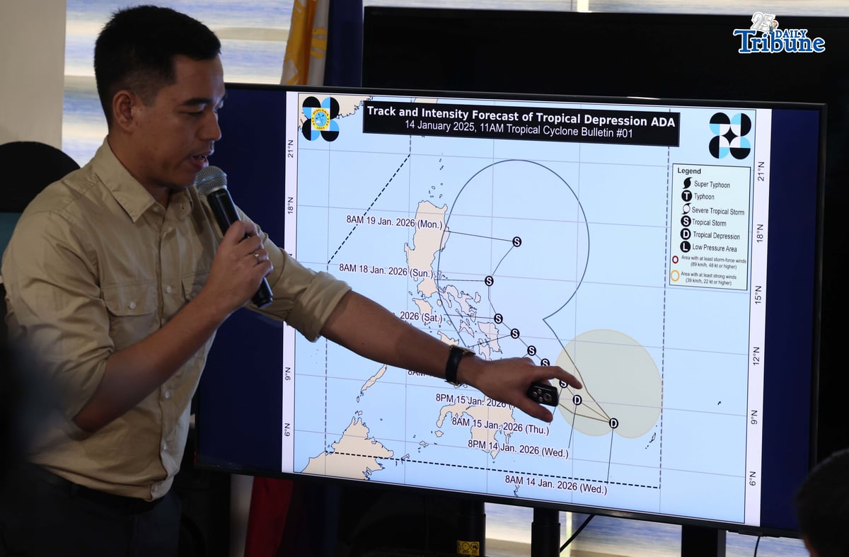 January 14 2026) At the press-conference Weather specialist Benison Estareja shows the 24-hour track of the first 2026 Tropical Depression Ada held at the PAGASA Head office in Quezon City on Wednesday, January 14, 2026. Photo/Analy Labor