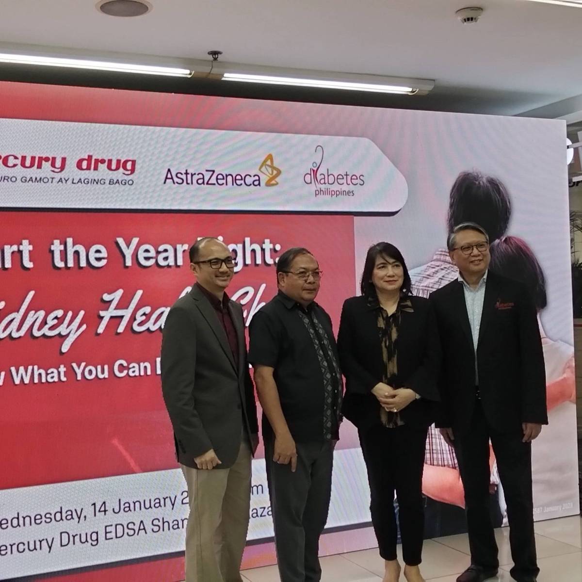 From left: Dr. Cyril Tolosa, director for medical affairs of AstraZeneca Philippines; Martin Gumayan, vice president for chainstore operations of Mercury Drug Inc.; Cora Lim, vice president for merchandising of Mercury Drug Inc..; and Dr. Rey Rosales of Diabetes Philippines.