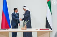 President Ferdinand Marcos Jr (left) shakes the hand of Royal Highness Sheikh Mohamed bin Zayed Al Nahyan of the United Arab Emirates after the signing of the Comprehensive Economic Partnership Agreement last 13 January.