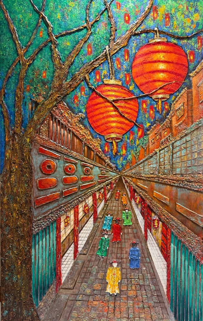 ‘LANTERNS of peace and prosperity,’ mixed media on canvas, 160 cm x 100 cm, 2023-2026.
