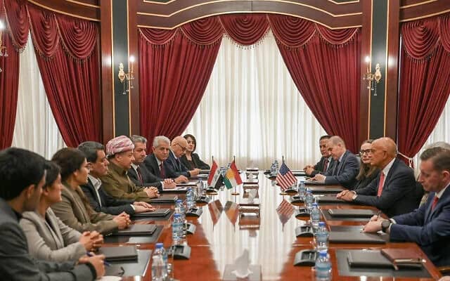 A handout photo released by the Barzani Headquarters on 17 January 2026 shows Kurdish leader Massoud Barzani meeting US Special Envoy to Syria Tom Barrack alongside Syrian Democratic Forces chief Mazloum Abdi in Erbil, Iraqi Kurdistan.