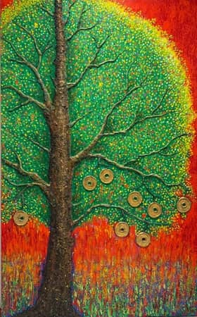 ‘PROSPERITY tree,’ mixed media on canvas, 160 cm x 100 cm, 2023-2026.