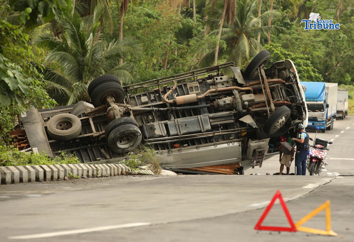 A six-wheeler truck loaded with coconut lumber overturned along the Gumaca bypass road in Quezon on Tuesday. Bystanders said the vehicle lost balance due to the wet and slippery road conditions.