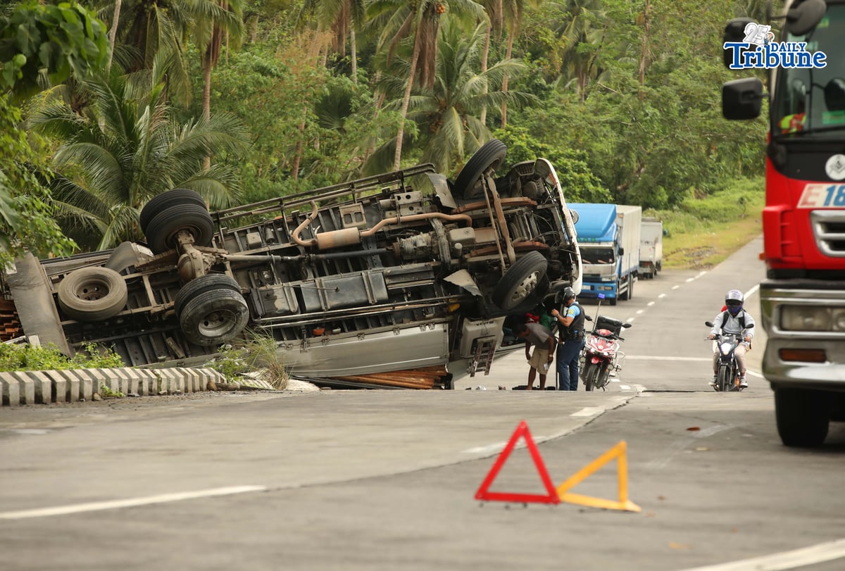 A six-wheeler truck loaded with coconut lumber overturned along the Gumaca bypass road in Quezon on Tuesday. Bystanders said the vehicle lost balance due to the wet and slippery road conditions.