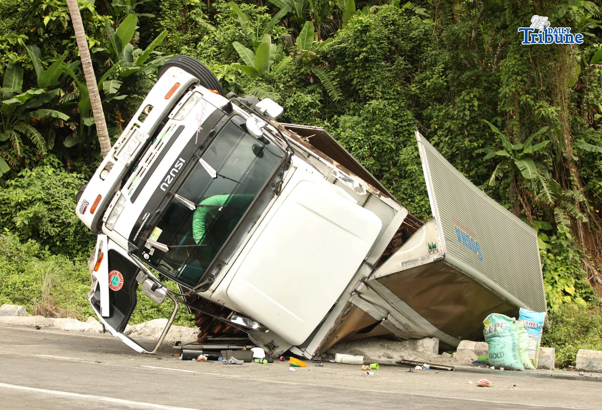 A six-wheeler truck loaded with coconut lumber overturned along the Gumaca bypass road in Quezon on Tuesday. Bystanders said the vehicle lost balance due to the wet and slippery road conditions.