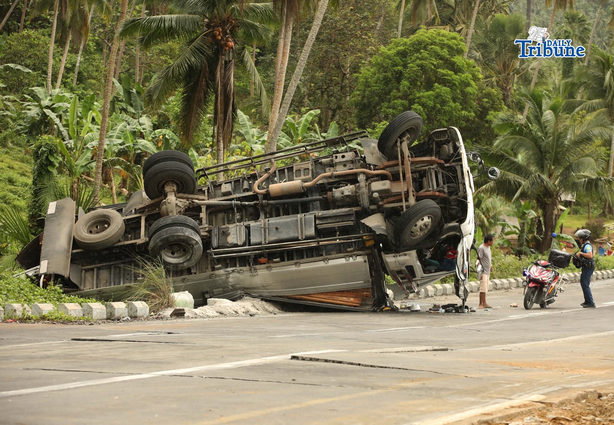 A six-wheeler truck loaded with coconut lumber overturned along the Gumaca bypass road in Quezon on Tuesday. Bystanders said the vehicle lost balance due to the wet and slippery road conditions.