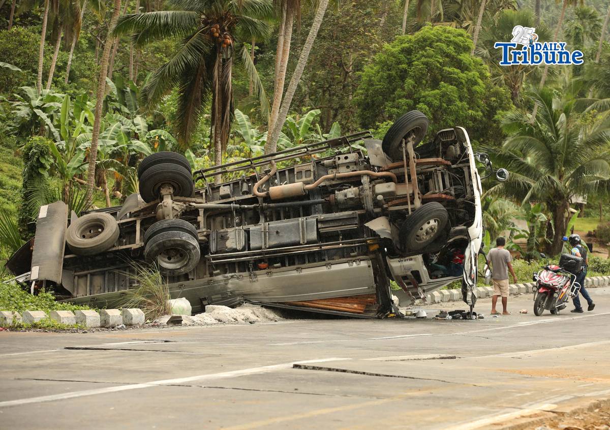 A six-wheeler truck loaded with coconut lumber overturned along the Gumaca bypass road in Quezon on Tuesday. Bystanders said the vehicle lost balance due to the wet and slippery road conditions.