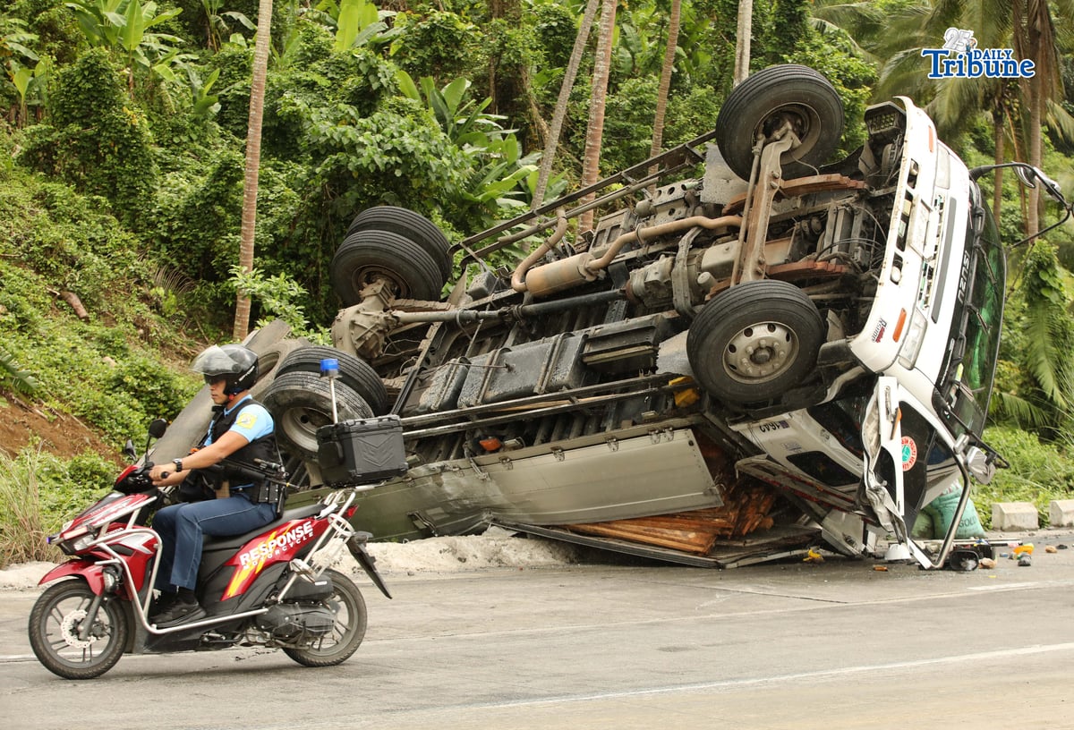 A six-wheeler truck loaded with coconut lumber overturned along the Gumaca bypass road in Quezon on Tuesday. Bystanders said the vehicle lost balance due to the wet and slippery road conditions.