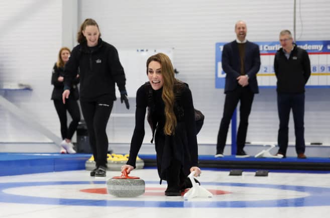 Kate Middleton steps onto the ice rink in a competitive game of curling with her husband, Prince William.
