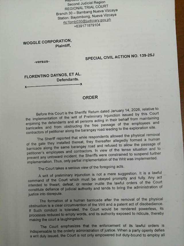 Nueva Vizcaya court orders arrest of protesters blocking mining road